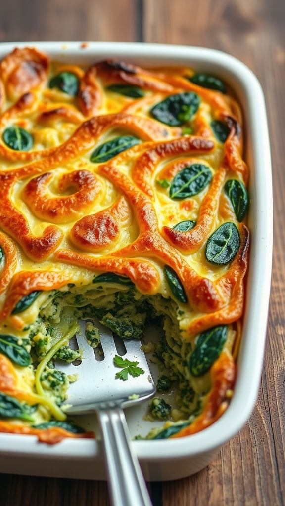 Golden-brown baked spinach kugel with crispy top, served with fresh herbs on a wooden table.